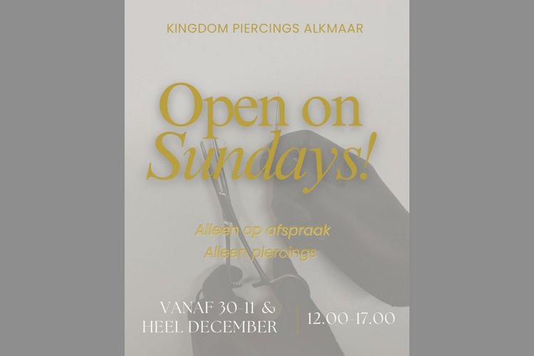 Kingdom Piercings Alkmaar: vanaf 30-11 ook op zondags open