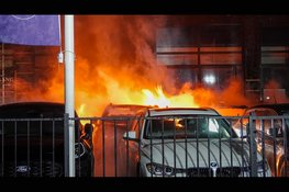 Metershoge vlammen op industrieterrein: meerdere auto's in brand, mogelijk brandstichting